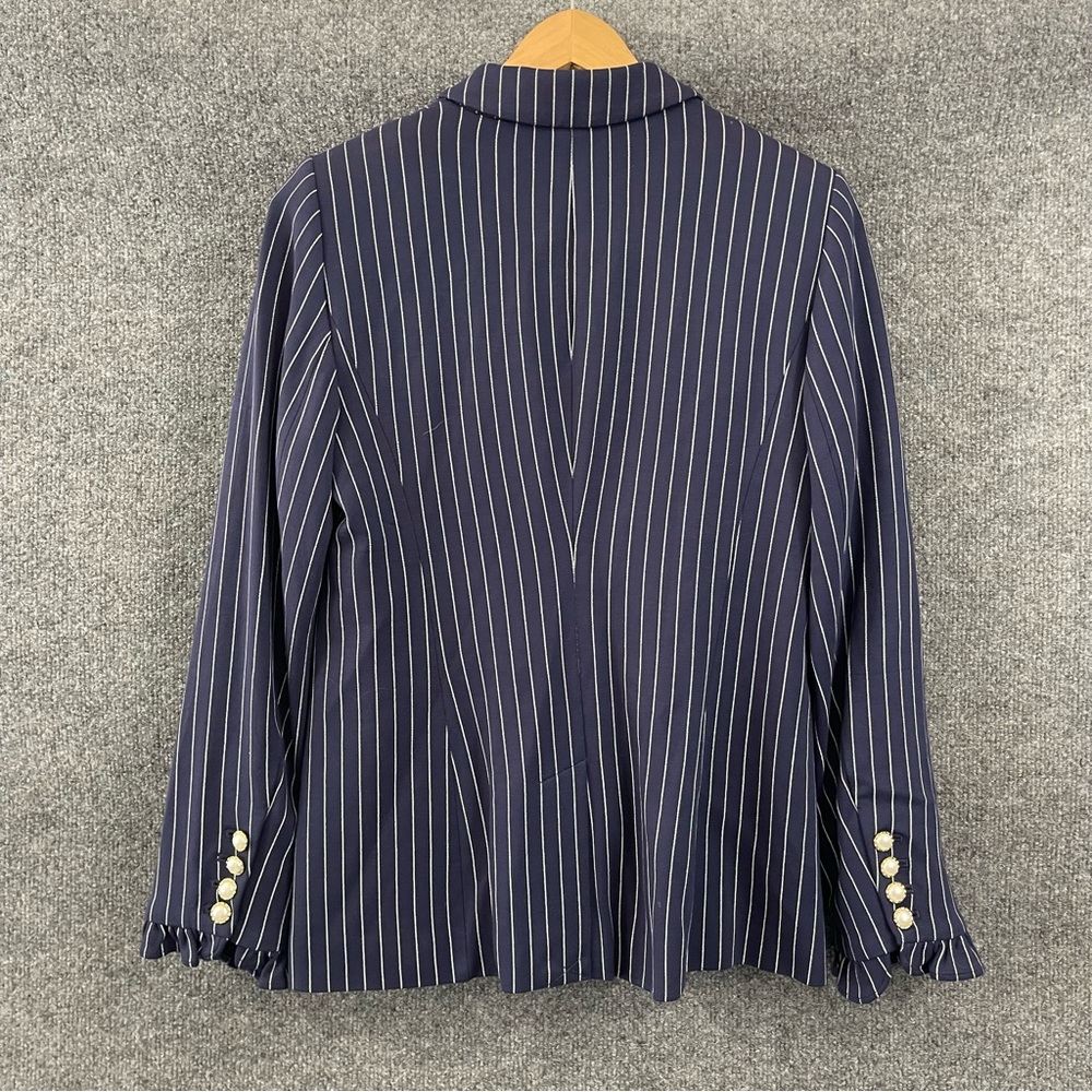 Chicos Blazer Jacket Womens 4/6 Navy White Pinstripe Ruffle Sleeve Office - Picture 2 of 10